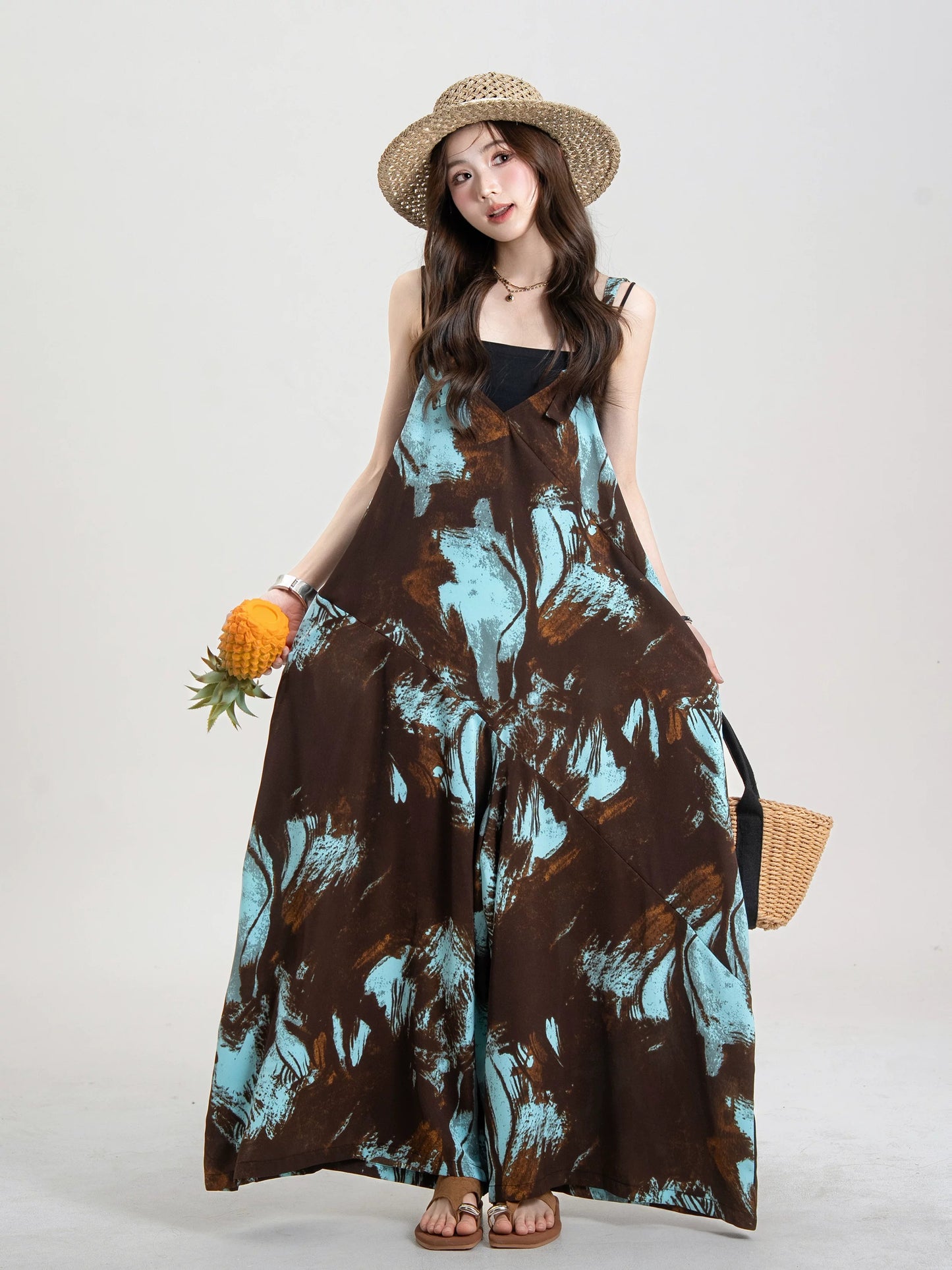 Artistic Ink-Wash Print Blue Camisole Jumpsuit X3643