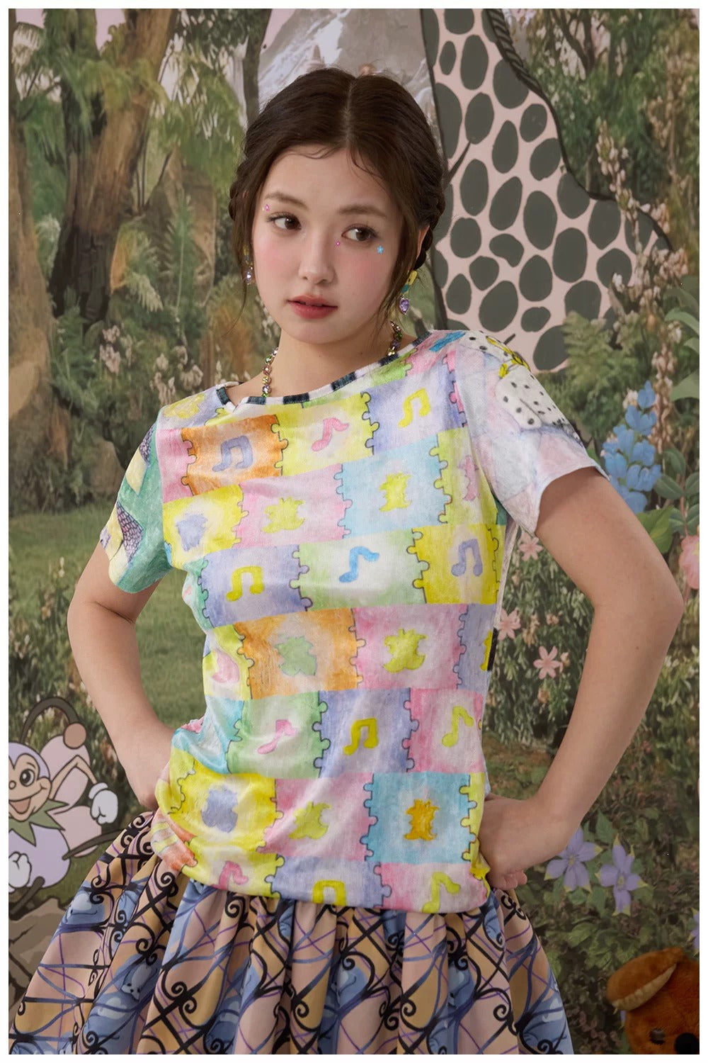 Colorful Animal Illustration Print Velvet Mesh Reversible Short Sleeve Top X3595