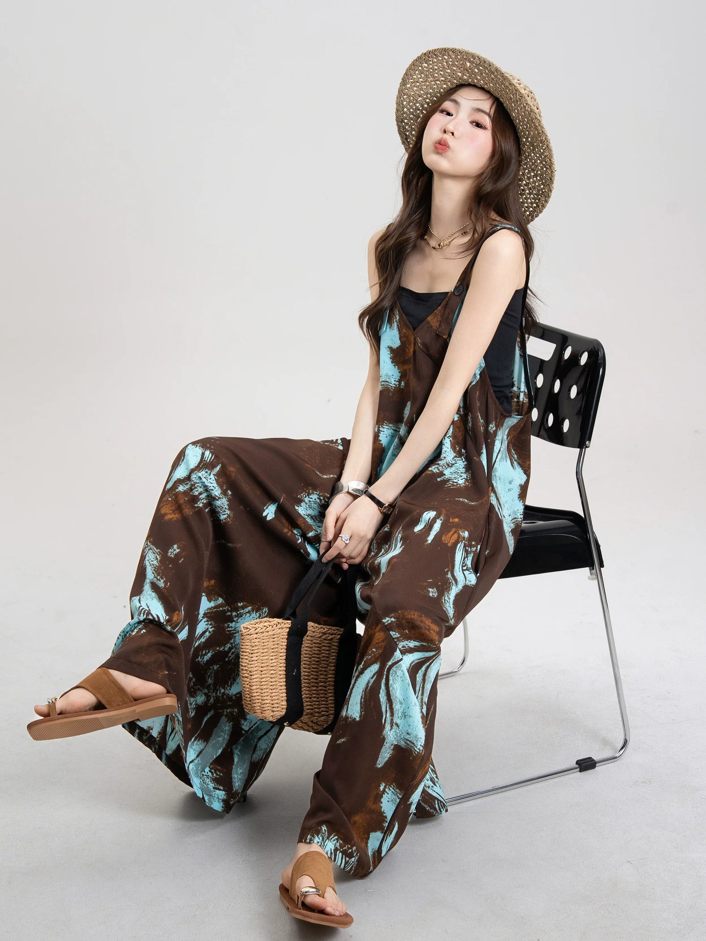 Artistic Ink-Wash Print Blue Camisole Jumpsuit X3643