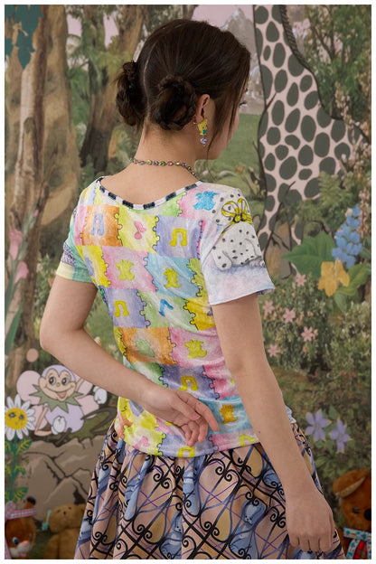 Colorful Animal Illustration Print Velvet Mesh Reversible Short Sleeve Top X3595