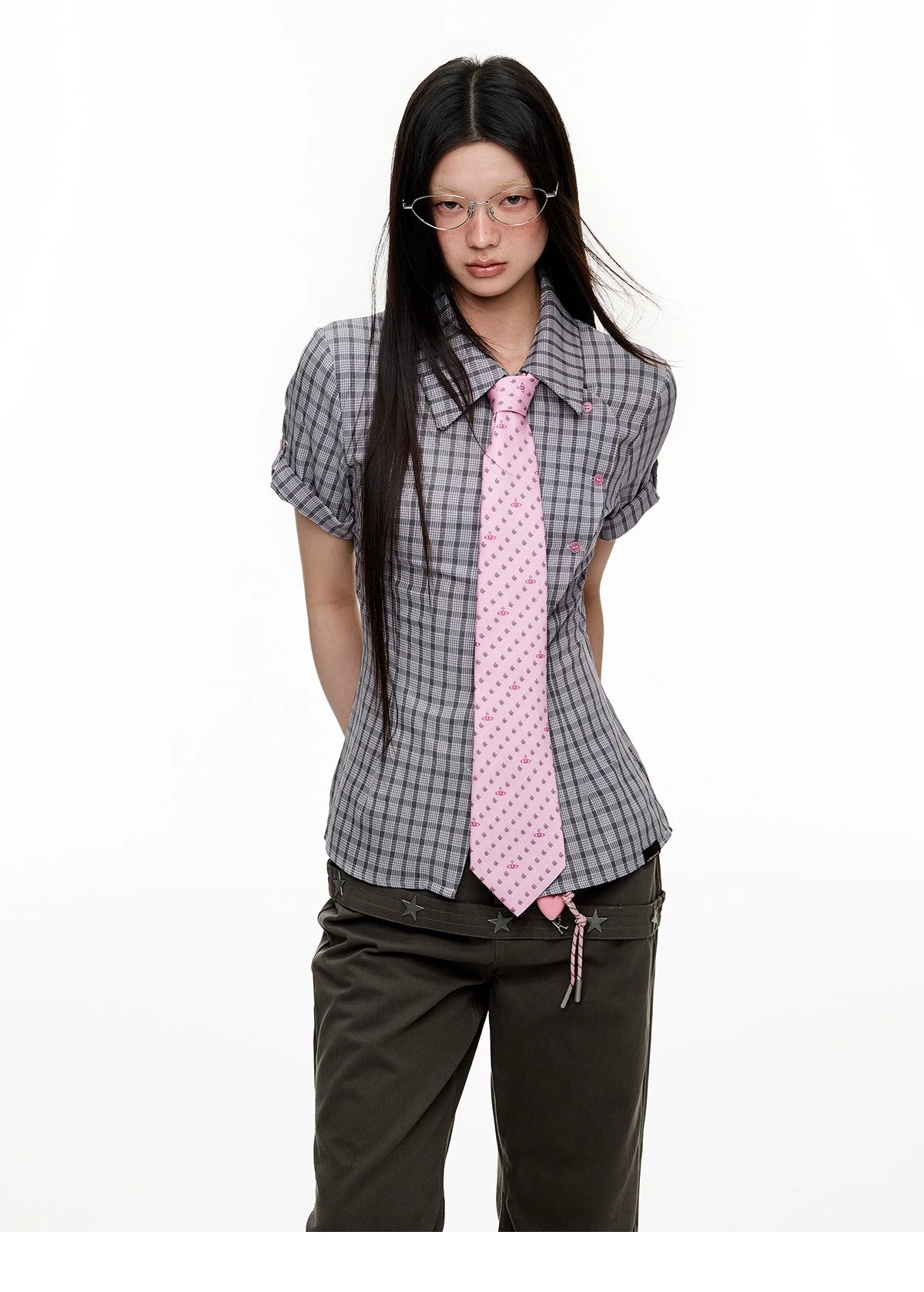 Original Korean-Style Plaid Short Sleeve Shirt X3573