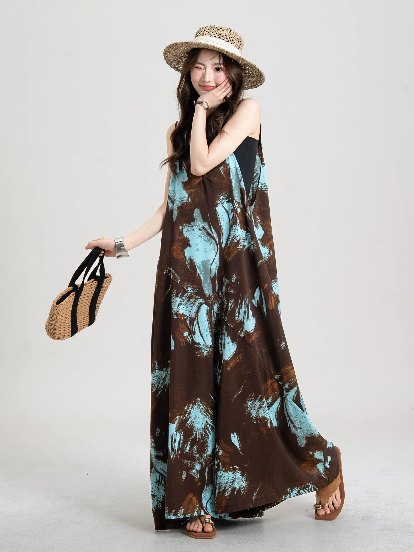 Artistic Ink-Wash Print Blue Camisole Jumpsuit X3643