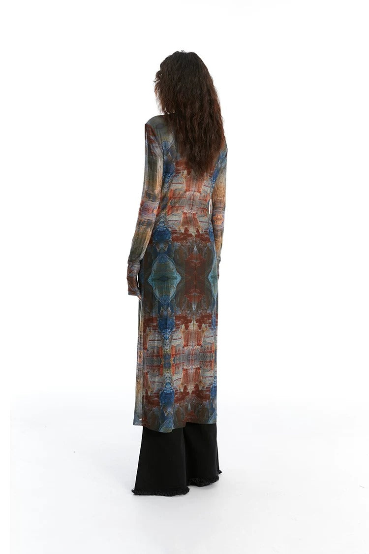 Vintage Oil Painting Print Mesh Long Cardigan X3613
