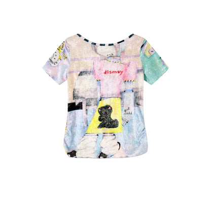 Colorful Animal Illustration Print Velvet Mesh Reversible Short Sleeve Top X3595