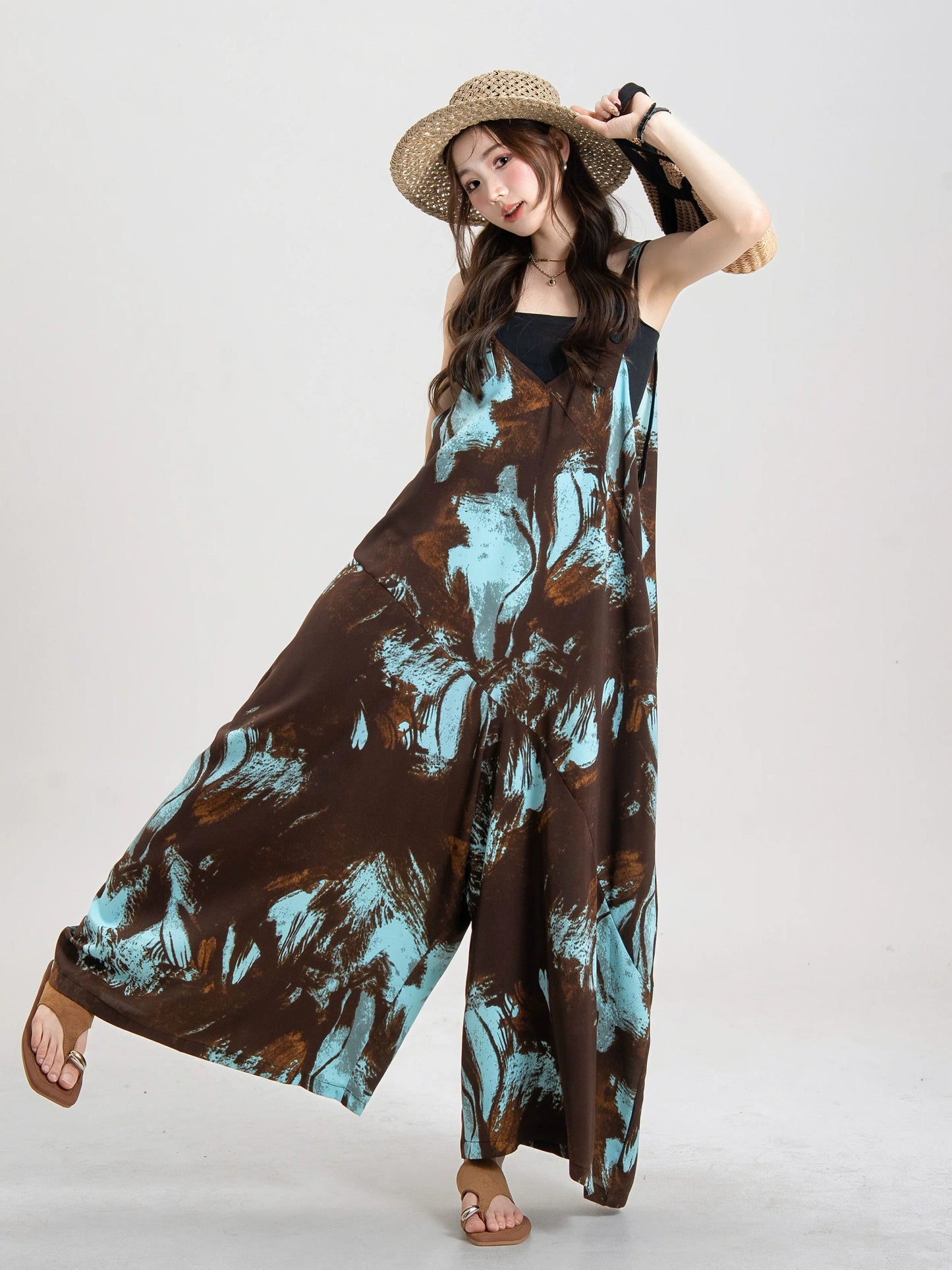 Artistic Ink-Wash Print Blue Camisole Jumpsuit X3643