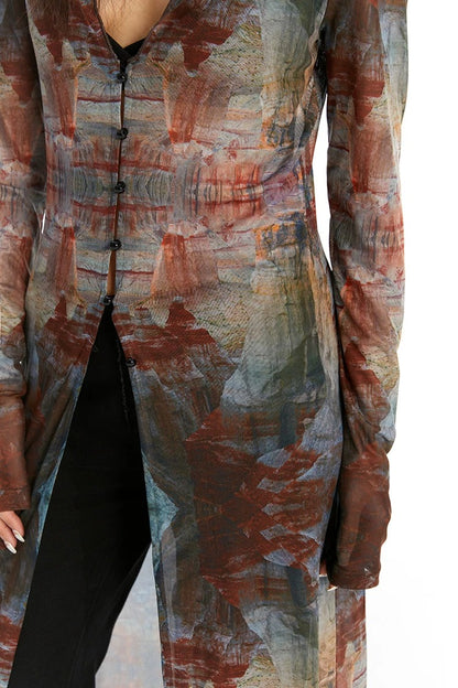 Vintage Oil Painting Print Mesh Long Cardigan X3613