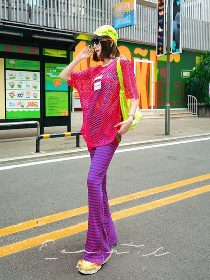 Neon Color Fishnet Mesh Patch Short Sleeve T-Shirt　X3601