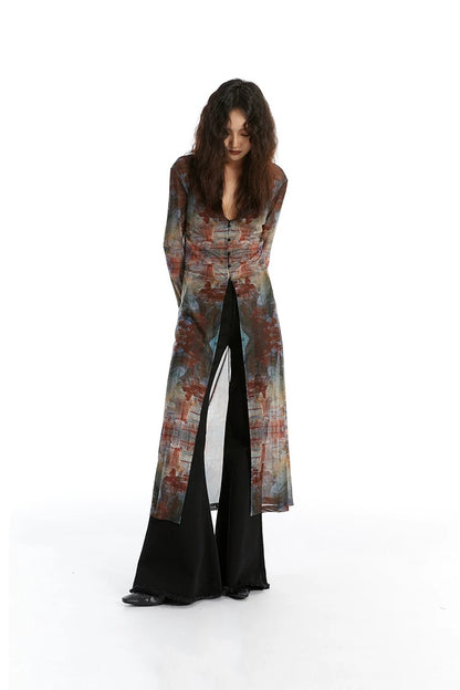 Vintage Oil Painting Print Mesh Long Cardigan X3613