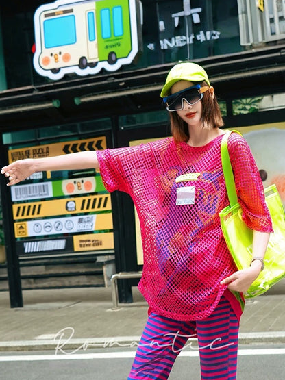Neon Color Fishnet Mesh Patch Short Sleeve T-Shirt　X3601