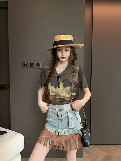 Vintage Fringe Denim Mini Skirt X3610