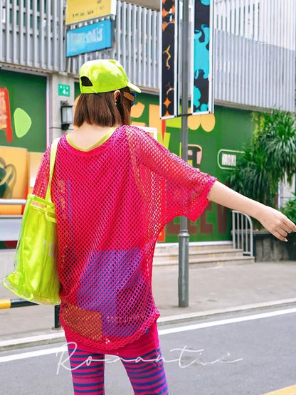 Neon Color Fishnet Mesh Patch Short Sleeve T-Shirt　X3601