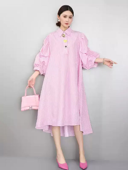 Striped Puff Sleeve Shirt Dress　X3625