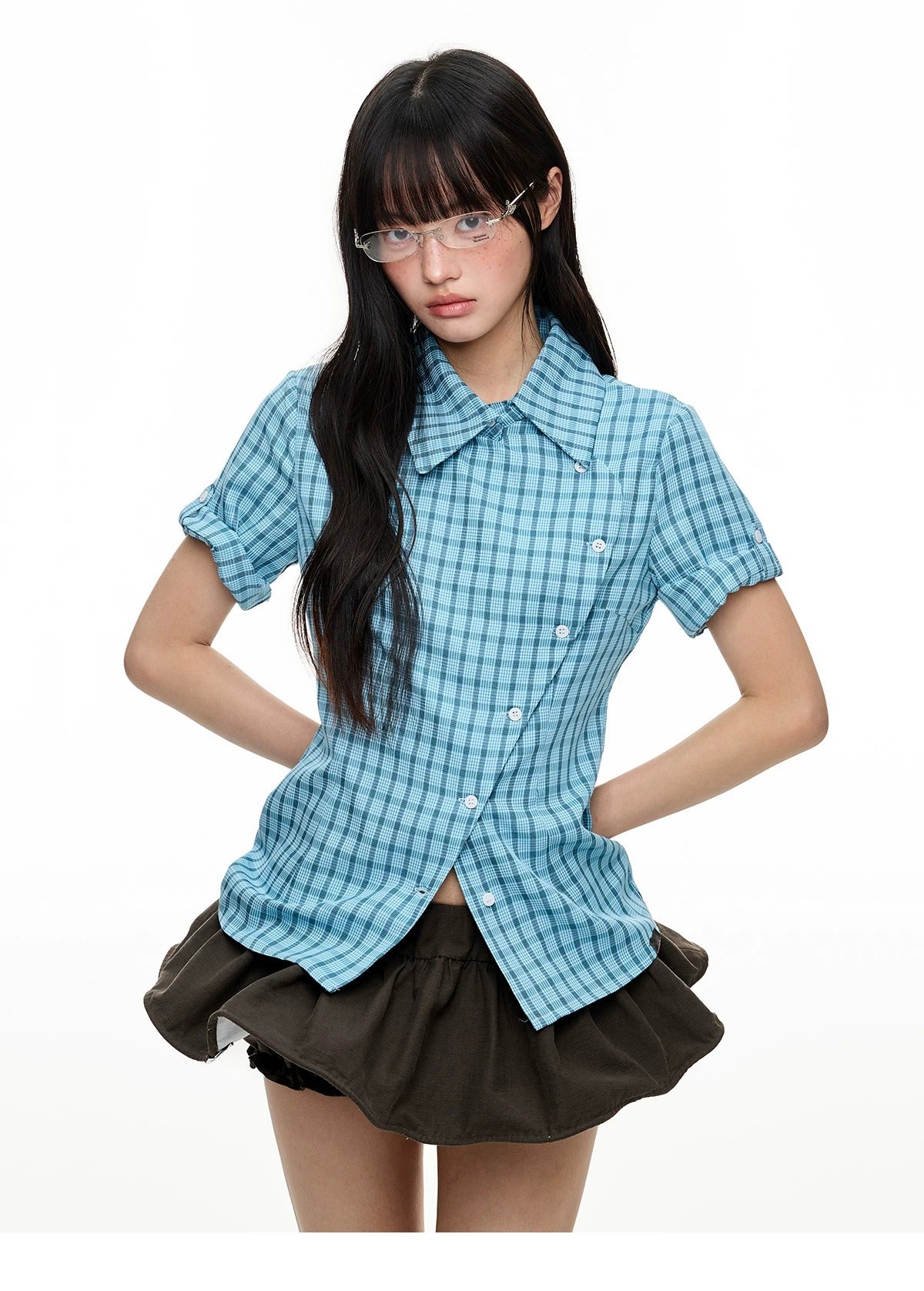 Original Korean-Style Plaid Short Sleeve Shirt X3573