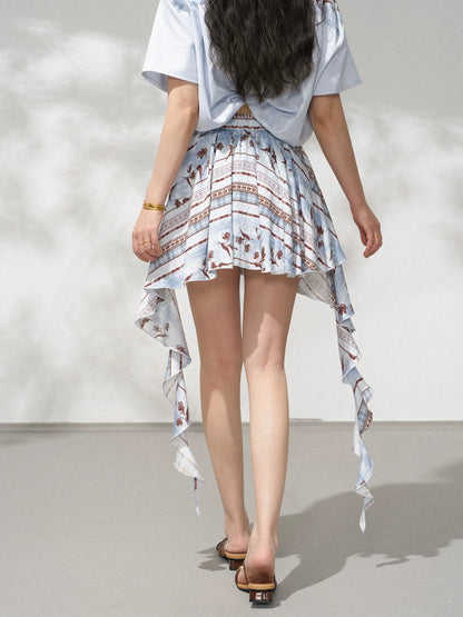 Bohemian Floral Ruffle Pleated Mini Skirt X3569
