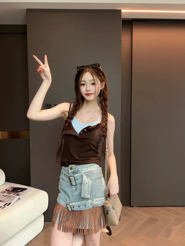 Vintage Fringe Denim Mini Skirt X3610