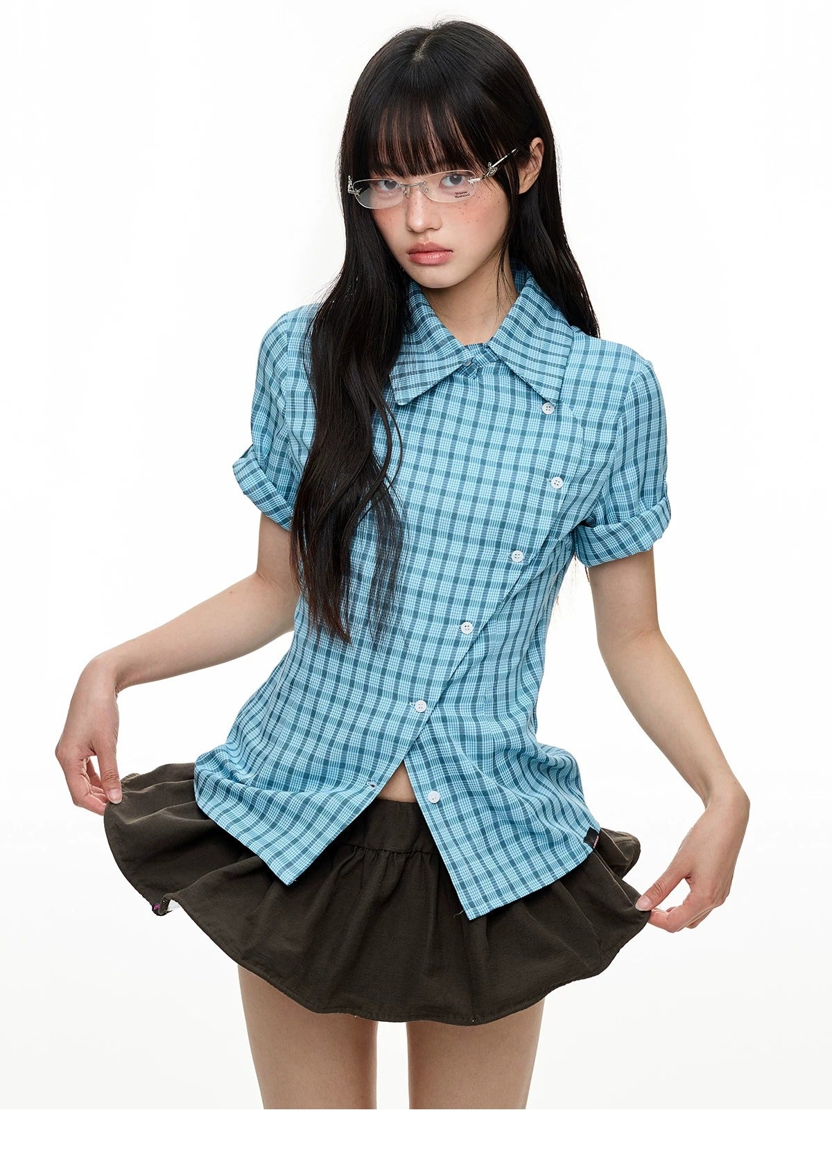 Original Korean-Style Plaid Short Sleeve Shirt X3573