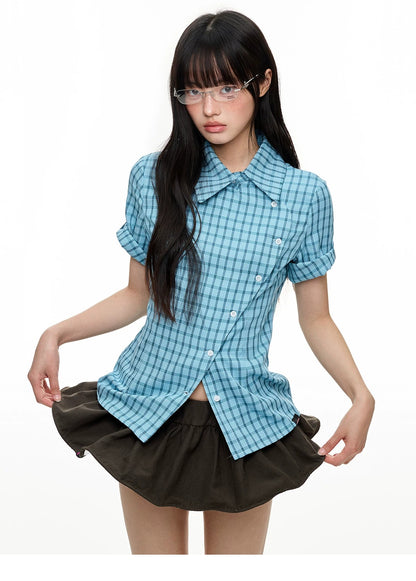 Original Korean-Style Plaid Short Sleeve Shirt X3573