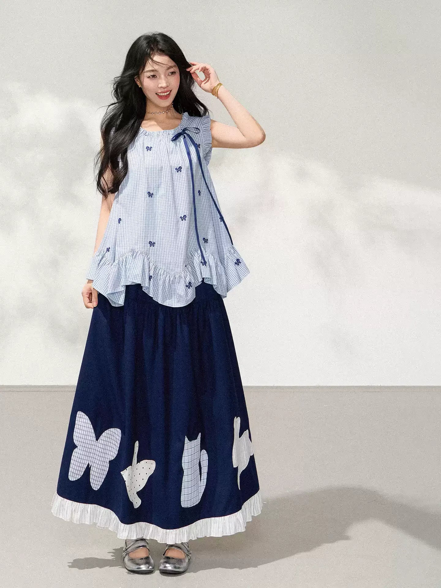 Heavy Embroidery Appliqué Art Print Elastic Waist Maxi Skirt X3605