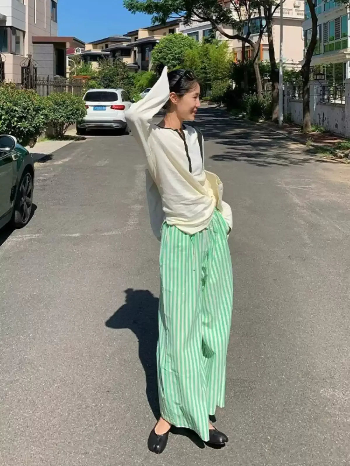 Green Striped Linen-Blend High Waist Wide Leg Pants X3651