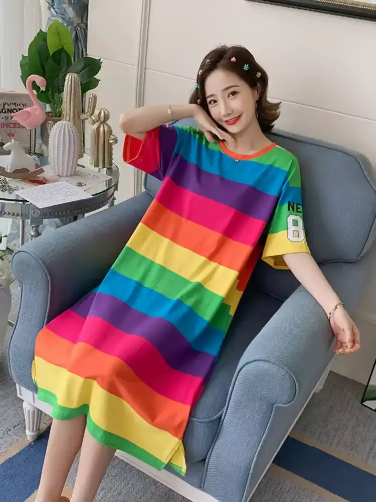 Rainbow Striped Short Sleeve T-Shirt Dress X3615