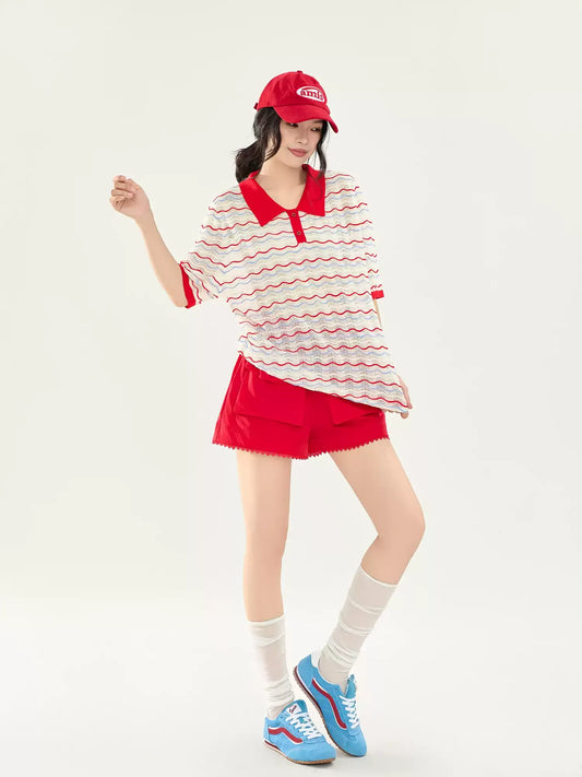 Color Stripe Collar Short Sleeve Knit Top X3579