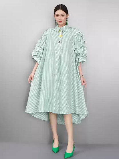 Striped Puff Sleeve Shirt Dress　X3625