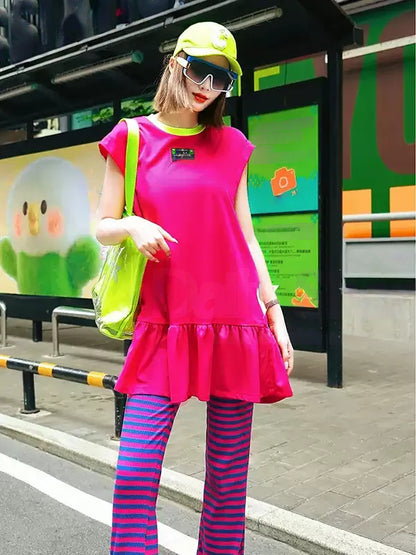 Logo Patch Color Block Sleeveless Dress　X3642