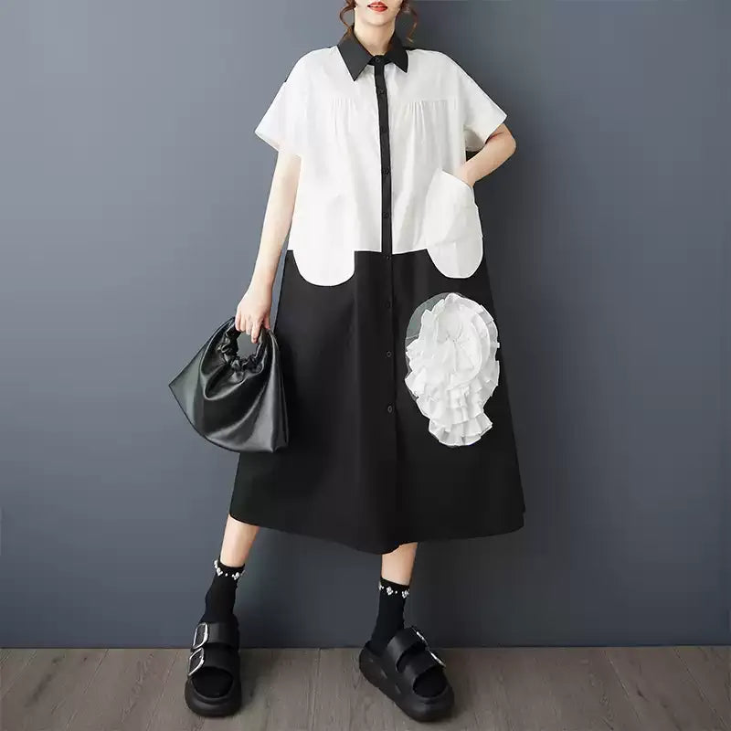 3D Flower Color-Block Short Sleeve Shirt Dress　X3629