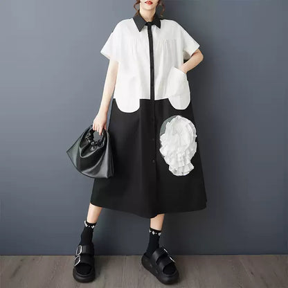 3D Flower Color-Block Short Sleeve Shirt Dress　X3629