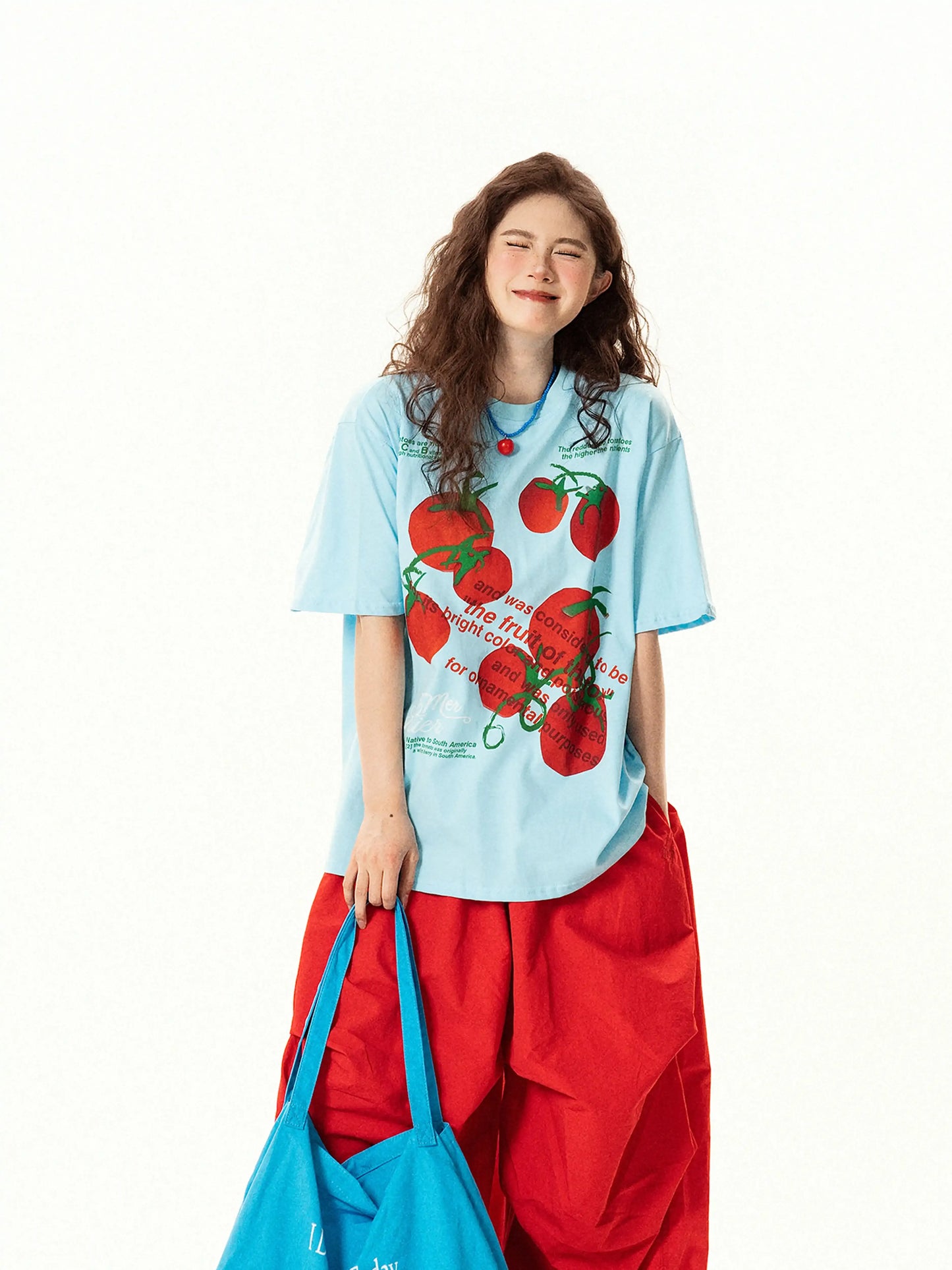 Retro Tomato Letter Print Oversized Short Sleeve T-Shirt　X3653