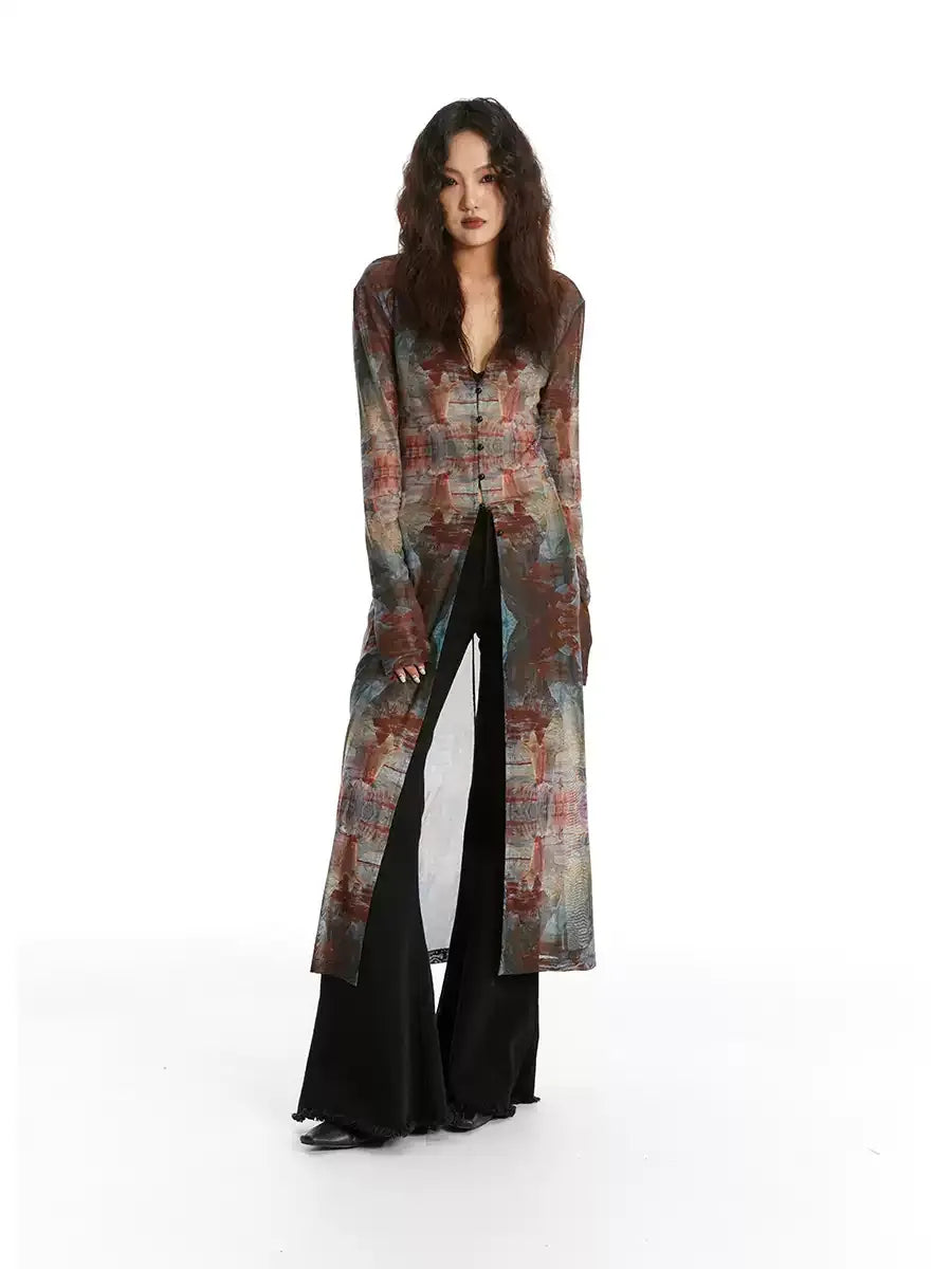 Vintage Oil Painting Print Mesh Long Cardigan X3613