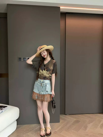 Vintage Fringe Denim Mini Skirt X3610