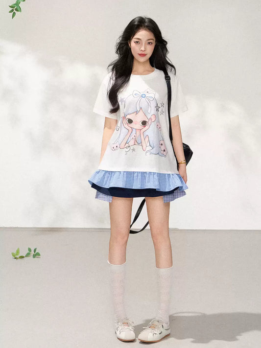 Ruffle Trim Cartoon Print Short Sleeve T-Shirt X3606