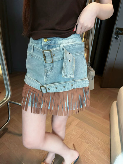 Vintage Fringe Denim Mini Skirt X3610