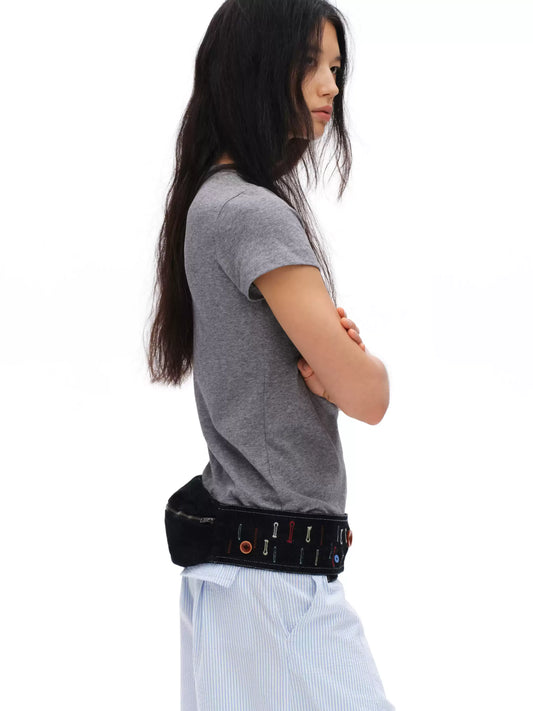 Buttonhole Embroidery Denim Waist Bag X3593