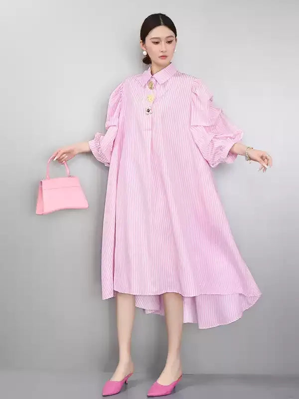 Striped Puff Sleeve Shirt Dress　X3625