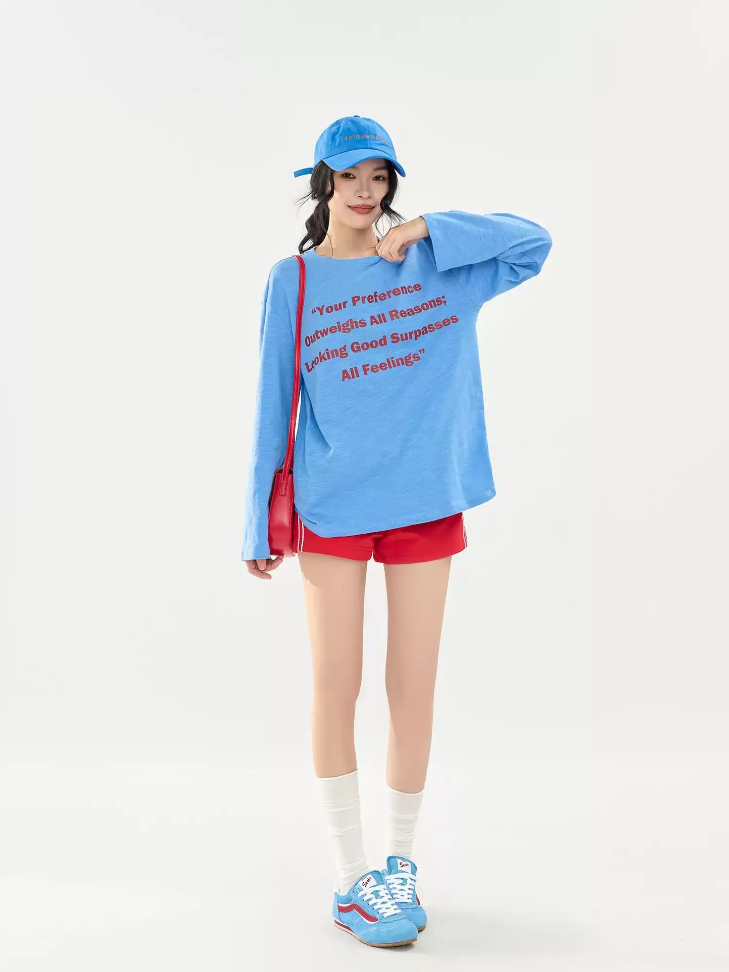 Klein Blue Slogan Print Long Sleeve Sheer T-Shirt X3580