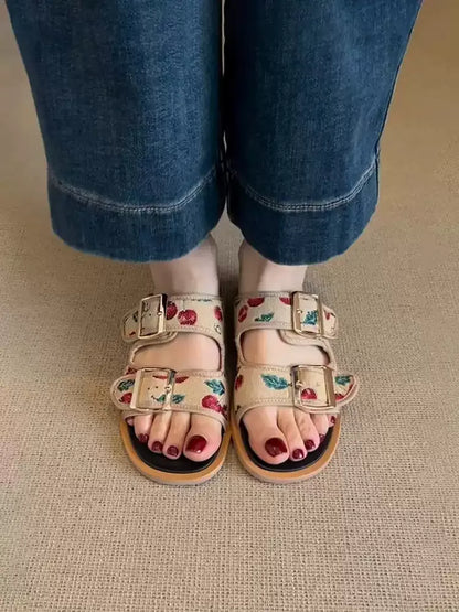 Genuine Leather Cherry Embroidery Flat Sandals　X3639