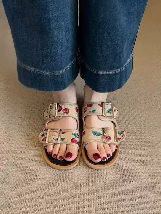 Genuine Leather Cherry Embroidery Flat Sandals　X3639