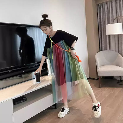 Rainbow Tulle Mesh Short Sleeve T-Shirt Dress　X3633