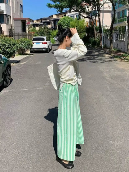 Green Striped Linen-Blend High Waist Wide Leg Pants X3651