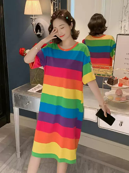 Rainbow Striped Short Sleeve T-Shirt Dress X3615