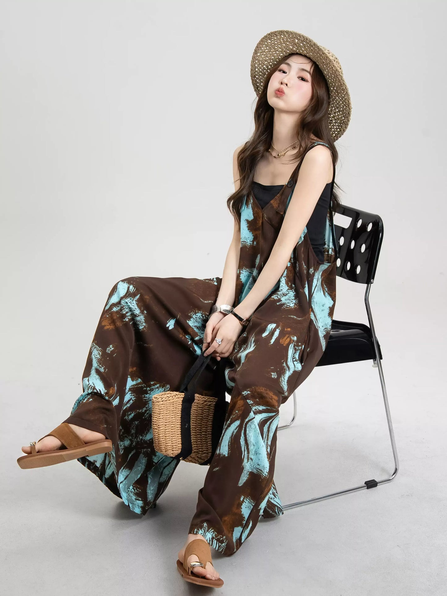 Artistic Ink-Wash Print Blue Camisole Jumpsuit X3643