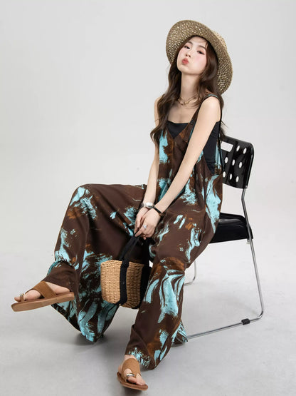 Artistic Ink-Wash Print Blue Camisole Jumpsuit X3643