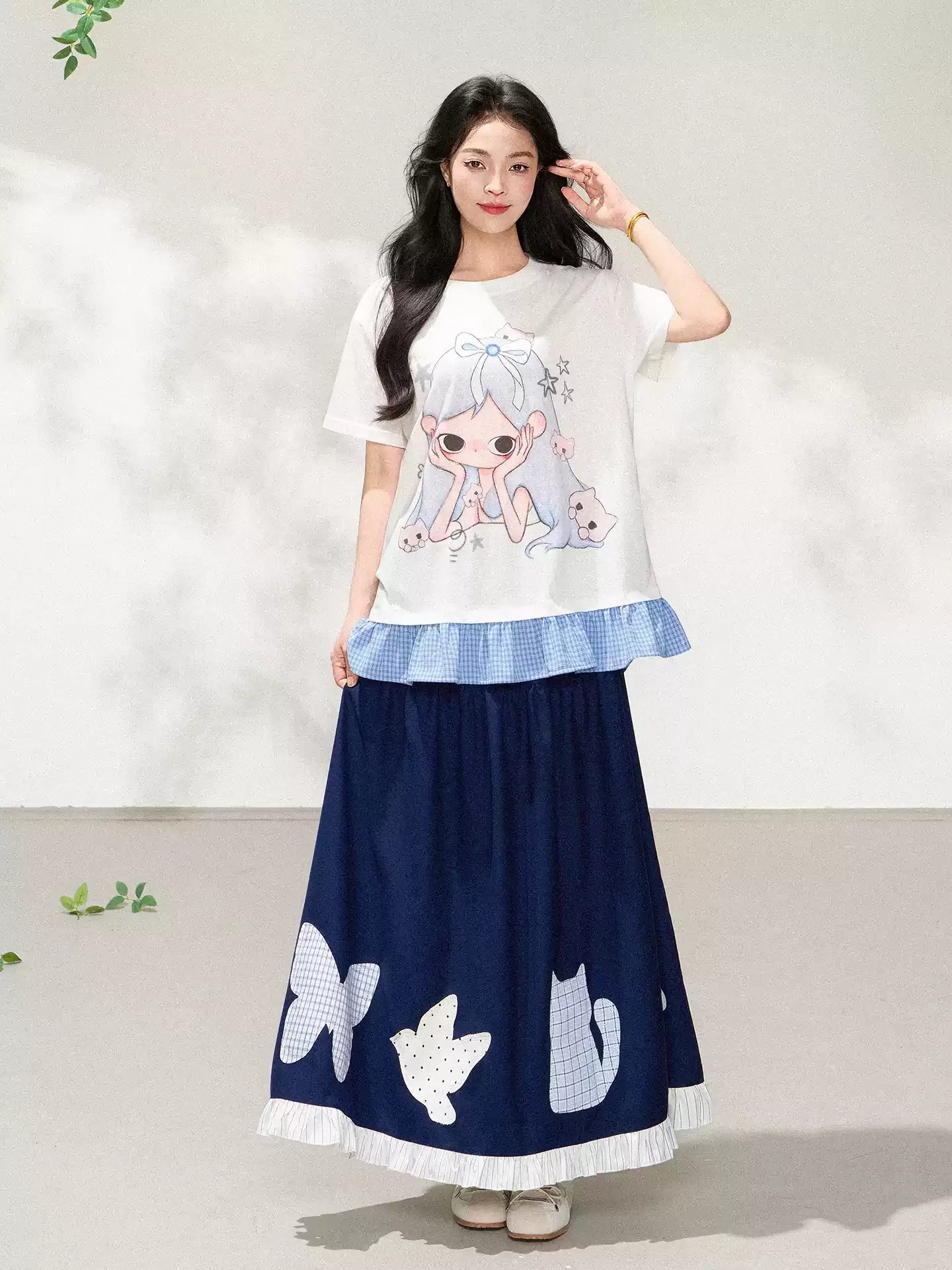 Heavy Embroidery Appliqué Art Print Elastic Waist Maxi Skirt X3605
