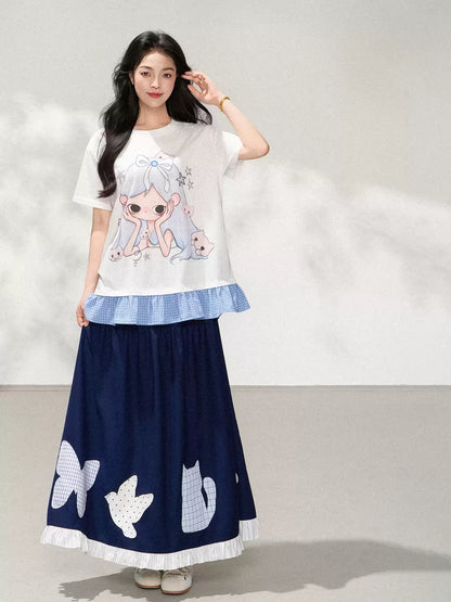 Ruffle Trim Cartoon Print Short Sleeve T-Shirt X3606