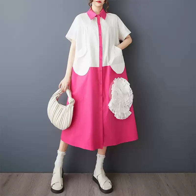 3D Flower Color-Block Short Sleeve Shirt Dress　X3629