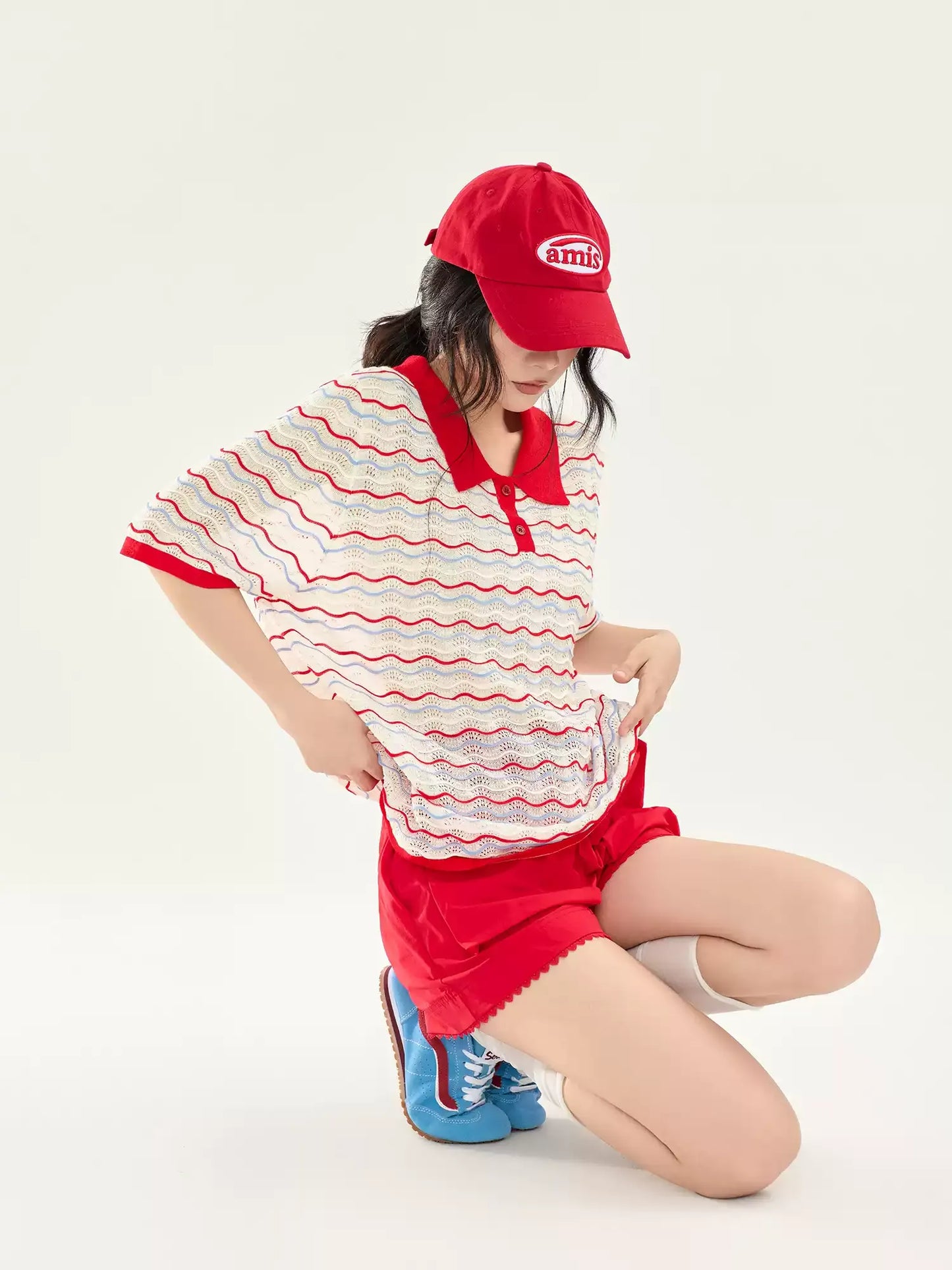 Color Stripe Collar Short Sleeve Knit Top X3579