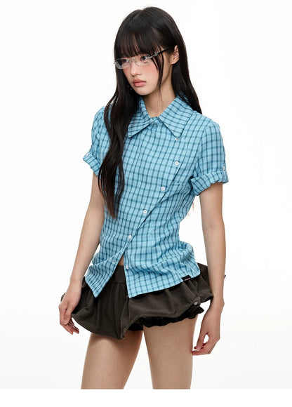 Original Korean-Style Plaid Short Sleeve Shirt X3573