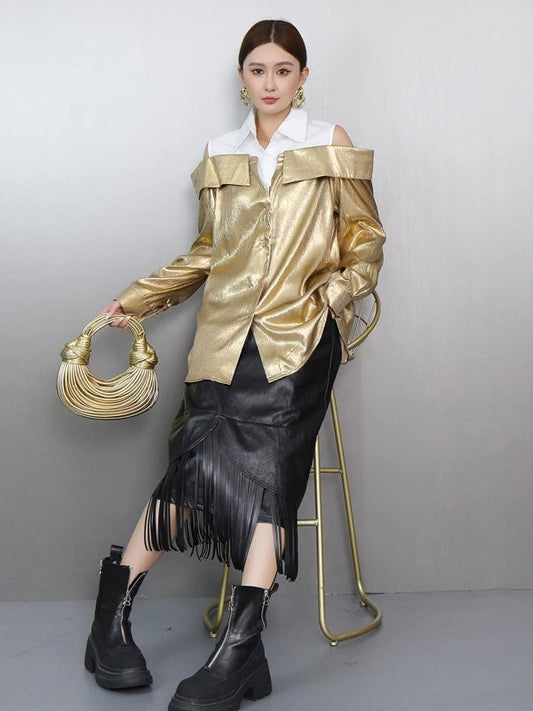 Design Off-Shoulder Metallic Shirt　X3630